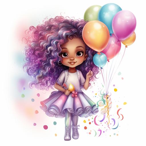 3D, colorful splashes of pink, purple, cyan and lavender on a white background with metallic pink ombre balloons. Cute little African American Girl, with long curly rainbow ombre' hasparkling hair, in a big fluffy sparkly glitter rainbow tutu next to a pearl unicorn 3d, watercolor