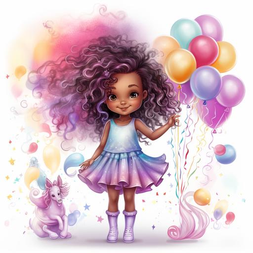 3D, colorful splashes of pink, purple, cyan and lavender on a white background with metallic pink ombre balloons. Cute little African American Girl, with long curly rainbow ombre' hasparkling hair, in a big fluffy sparkly glitter rainbow tutu next to a pearl unicorn 3d, watercolor