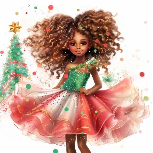 3D, colorful splashes of red, green, gold and pink on a white background with metallic red and green ombre christmas trees. Cute little African American Girl, with long curly red and green ombre' sparkling hair, in a big fluffy sparkly glitter gold tutu next to a reindeer 3d, melanin