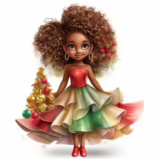 3D, colorful splashes of red, green, gold and pink on a white background with metallic red and green ombre christmas trees. Cute little African American Girl, with long curly red and green ombre' sparkling hair, in a big fluffy sparkly glitter gold tutu next to a reindeer 3d, melanin