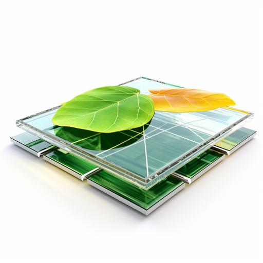 3D cross section of a perovskite solar cell. Green leaf behind the solar cell. Research figure. white background