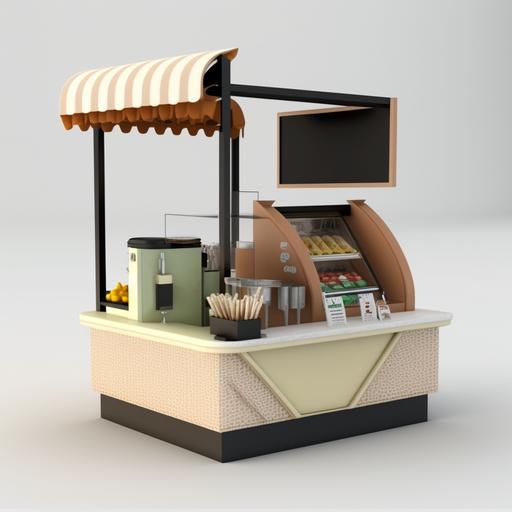 3D design of a food kiosk like  which includes Small 1 GROUP eagle one machine, Methos 2 grinder , Ek 43 grinder small , Rinser, sink, Blender no noise, Fridge, Microwave , Oven toaster , ice machine , Coffee machine, Glass rinser, sink , Grinders 2, Blender, Work space, Ice machine , Chiller ,Bottle container, supply and drainage for coffee machine and for sink ,Microwave ,Oven