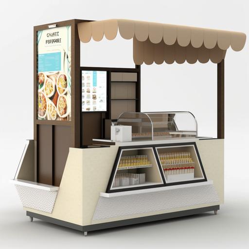 3D design of a food kiosk like  which includes Small 1 GROUP eagle one machine, Methos 2 grinder , Ek 43 grinder small , Rinser, sink, Blender no noise, Fridge, Microwave , Oven toaster , ice machine , Coffee machine, Glass rinser, sink , Grinders 2, Blender, Work space, Ice machine , Chiller ,Bottle container, supply and drainage for coffee machine and for sink ,Microwave ,Oven