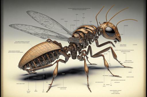 3D diselpunk rustic flying ant technical drawings with detalization cross-section, 8k --ar 3:2 --style 4b --s 750