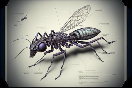 3D diselpunk rustic flying ant technical drawings with detalization cross-section, 8k --ar 3:2 --style 4b --s 750