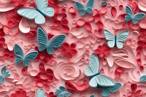 3D hearts, butterflies, layered forms, paper quilling pattern, Scarlet, light teal and light pink --tile --s 750 --ar 3:2 --v 5.1