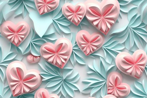 3D hearts, floral light teal and light pink --tile --s 750 --ar 3:2 --v 5.1