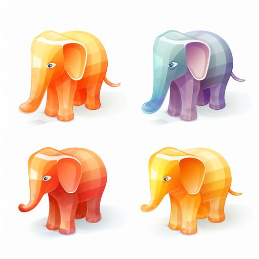 3D icon Elephant, a set of 4, gradient glass, cartoon, colorful orange color matching, isometric design, 3D modeling, OC rendering, white background