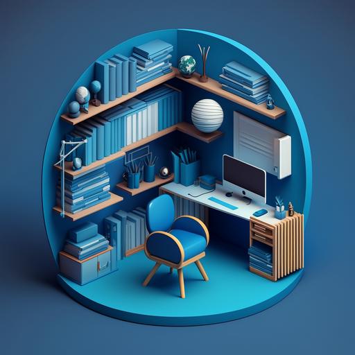 3D icon, a study room, a desk, bookshelf, blue