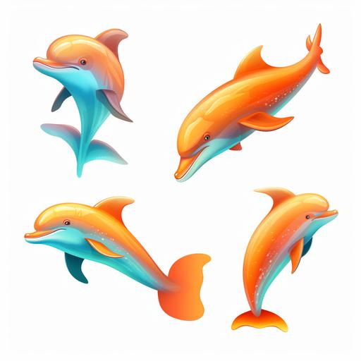 3D icon dolphins, a set of 4, gradient glass, cartoon, colorful orange color matching, isometric design, 3D modeling, OC rendering, white background