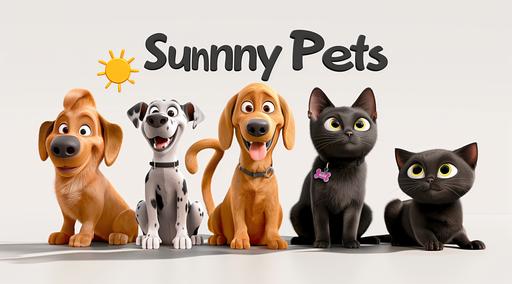 3D logo, dog and cat, Pixar, caramel mixed breed dog, black cat, pastel colors, whimsical, white background, Words 