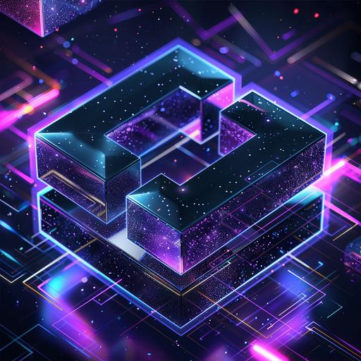 3D logo showing tech and futuristic vibes with background that looks like it is in the digital space, purple and blue overlays and black