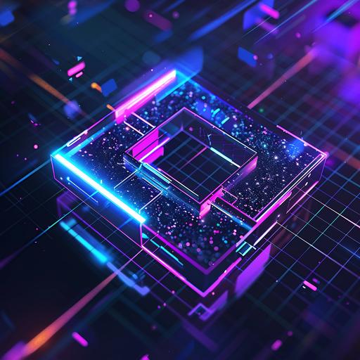 3D logo showing tech and futuristic vibes with background that looks like it is in the digital space, purple and blue overlays and black