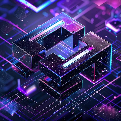 3D logo showing tech and futuristic vibes with background that looks like it is in the digital space, purple and blue overlays and black