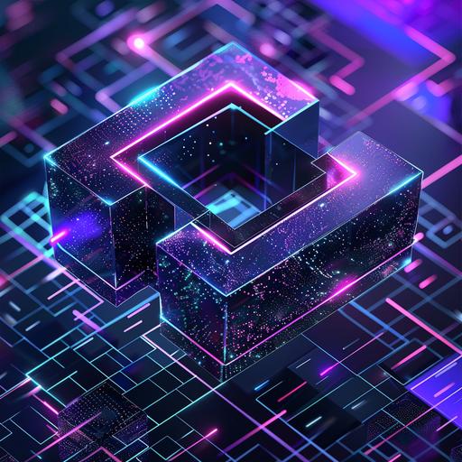 3D logo showing tech and futuristic vibes with background that looks like it is in the digital space, purple and blue overlays and black