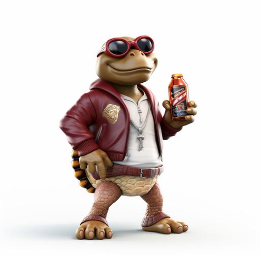 3D model of a cool maroon turtle wearing shades and a letterman jacket with a white M, and holding a cognac bottle, in street clothes, pixar style, white background