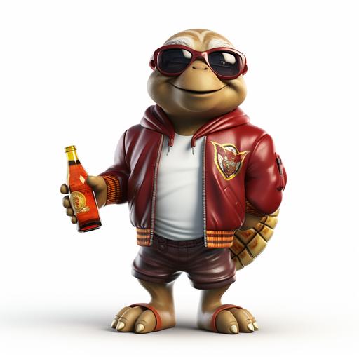3D model of a cool maroon turtle wearing shades and a letterman jacket with a white M, and holding a cognac bottle, in street clothes, pixar style, white background