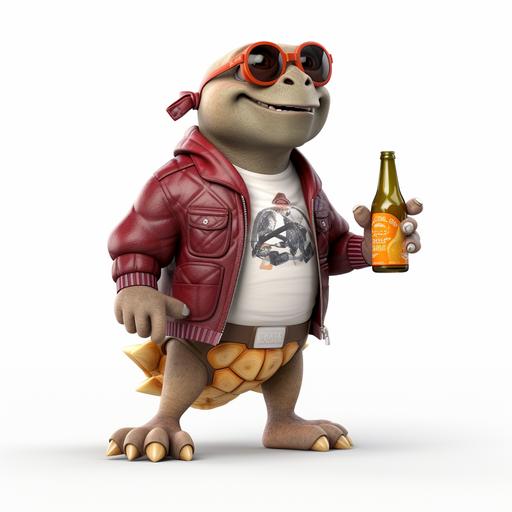 3D model of a cool turtle wearing shade and a maroon letterman jacket with a white M, and holding a cognac bottle, in street clothes, pixar style, white background