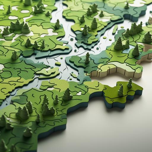 3D modern web design, jigsaw of map of west coast rainforest, minimalist detailing, perspective shift 90 degrees into horizontal