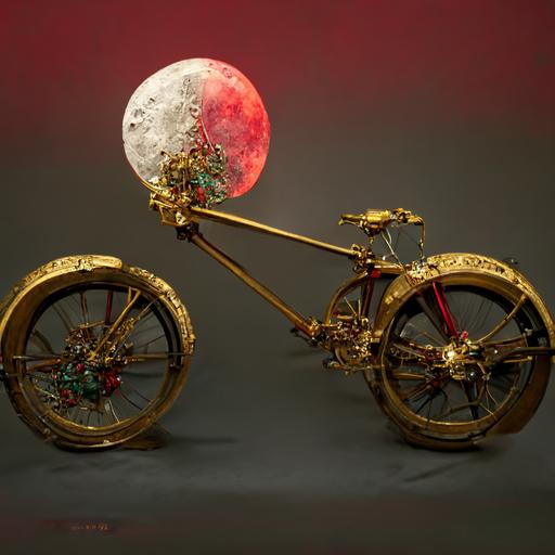 3D render red bike, green saddle, gold handles, gold details in front of moon, 12k, hyper detailed, realistic