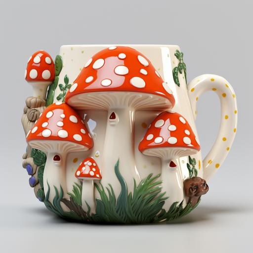 3D render, white background, 1970's inspired crafty ceramic mug, frogs and mushrooms in a forrest