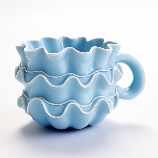 3D render, white background, blue ceramic mug with wiggle scallop sculptued shape, kawaii, ruffle, soft forms