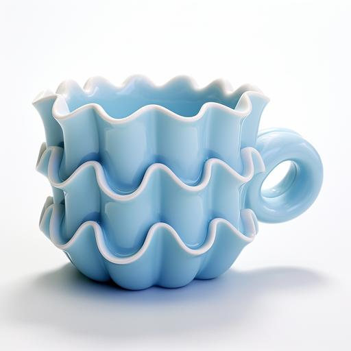 3D render, white background, blue ceramic mug with wiggle scallop sculptued shape, kawaii, ruffle, soft forms