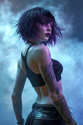 3D rendering of full dynamic action shot, Alexis Bledel as an urban fantasy witch with short dark purple hair and purple lipstick, toned breathtaking ample curves, wearing a tanktop and black leather pants, body covered in tattoos, dramatic black-colored magic, high detail, photorealistic fantasy, dramatic lighting, god mode --ar 2:3 --v 6.0