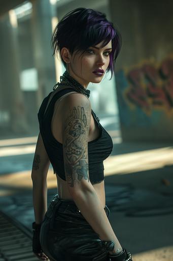 3D rendering of full dynamic action shot, Alexis Bledel as an urban fantasy witch with short dark purple hair and purple lipstick, toned breathtaking ample curves, wearing a tanktop and black leather pants, body covered in tattoos, dramatic black-colored magic, high detail, photorealistic fantasy, dramatic lighting, god mode --ar 2:3 --v 6.0