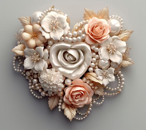 3D rose white gold, pearls, heart, flowers, soft clay, super high resolution --s 750 --ar 9:8 --v 5.1
