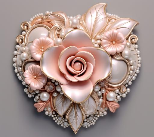 3D rose white gold, pearls, heart, flowers, soft clay, super high resolution --s 750 --ar 9:8 --v 5.1