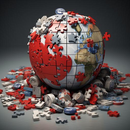 3D shaped puzzle of the Earth, the puzzle is incomplete and has missing pieces. The pieces of the puzzle are painted gray, the upper part is painted red in the shape of a heart. The puzzle itself is located in a space, the space is surrounded by social media logos such as Facebook. also dollar bills are apread around the puzzle