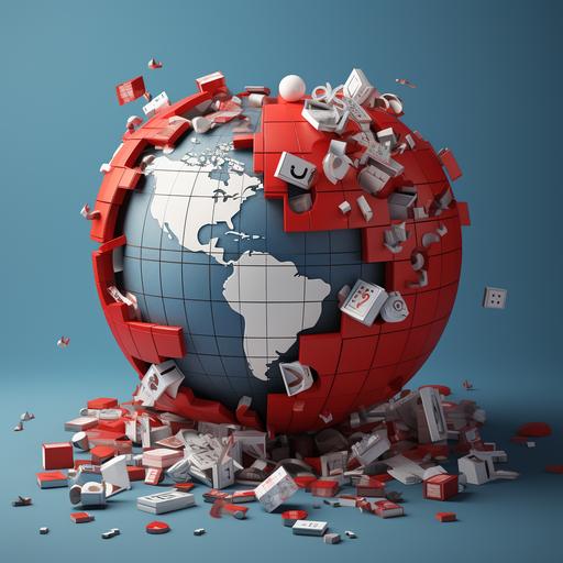 3D shaped puzzle of the Earth, the puzzle is incomplete and has missing pieces. The pieces of the puzzle are painted gray, the upper part is painted red in the shape of a heart. The puzzle itself is located in a space, the space is surrounded by social media icons such as Facebook, WhatsApp and dollar bills