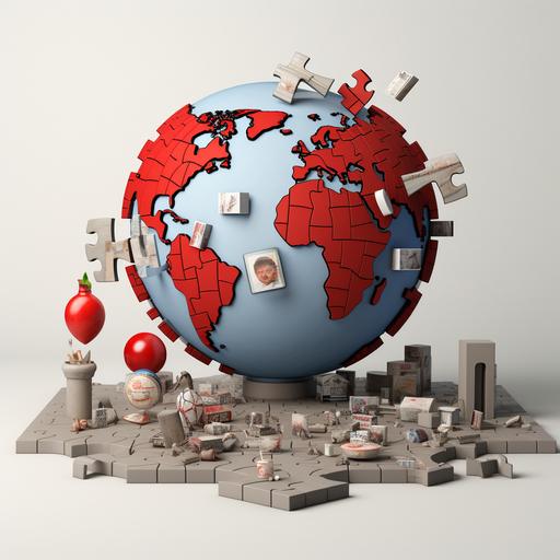 3D shaped puzzle of the Earth, the puzzle is incomplete and has missing pieces. The pieces of the puzzle are painted gray, the upper part is painted red in the shape of a heart. The puzzle itself is located in a space, the space is surrounded by social media logos such as Facebook. also dollar bills are apread around the puzzle