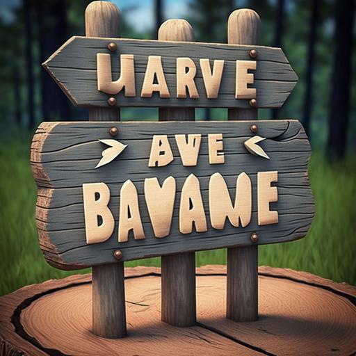 3D sign. Pixar style. Wooden sign for a camp. Big sign held up with wooden posts. “CAMP BRAVE BUNNY” is written on the sign.