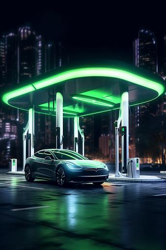 3D visualization of a neon green gas station for cars, it’s night outside, the gas station glows green, in front of it in the center there is a white Tesla, from which the neon light is reflected --ar 6:9