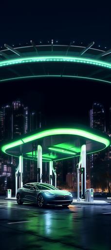 3D visualization of a neon green gas station for cars, it’s night outside, the gas station glows green, in front of it in the center there is a white Tesla, from which the neon light is reflected