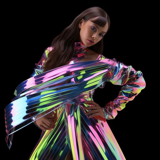 3DCG modeling a younggirl style of ballerina (rainbow-colored)holographic iridescent metallic latex PVC clothing,high fashion model draped in Mobius stripes, Dancing face of the members of BLACKPINK, a Korean K-pop group.Hong Kong submerged in water, but Neon blinks. However, It is in the form of typography.A 3DCG modeling a younggirl style of ballerina (rainbow-colored)holographic iridescent metallic latex PVC clothing,high fashion model draped in Mobius stripes, Dancing