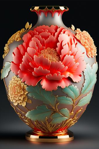 3Drendering of super bright peony flowers, clear floor, noble and gorgeous Chinese style Hetian jade vase, super large mouth, luxurious, exquisite and crystal clear vase, inlaid with large red, yellow, pink, gradient peony flower branches, full petals Delicate, ethereal, 16k, HD, realistic proportions of flowers, flowers full of vases, beautiful spectral Tyndall light effects, soft lighting, intricate details, caustic optics, surreal petal silhouettes, magic, fantasy, composition , Popular in Art Workstations, Symmetry, Golden Ratio, High Quality, High Resolution, Elaborate, Ultra Luxurious, Super Detailed, Edge Lighting, Ultra HD, Long View, Stretched, Studio Ghibli Style --ar 2:3 --v 4