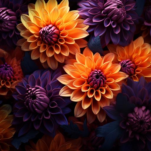 3d 8k neon fall colored dahlias with dark background — tile — v 5.1 — style raw