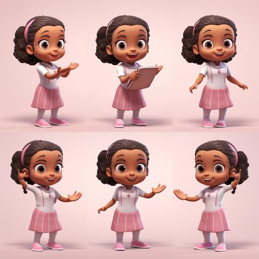 3d African American little girl, multiple poses and expressions, 5 year old girl, light pink apron, light pink clothing, children’s book illustration style, cute, Pixar style, full color, flat color, - no outline, - v5