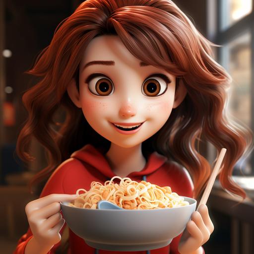 3d Pixar cartoon girl-next-door eatg ramenbowl that is too spicy