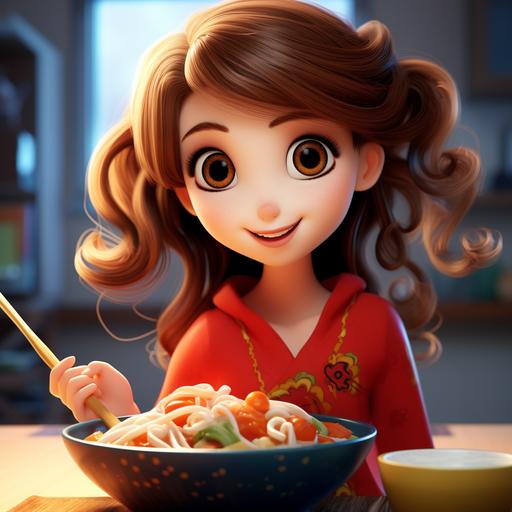 3d Pixar cartoon girl-next-door eatg ramenbowl that is too spicy