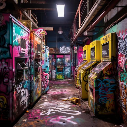 a colorful trash compactor room with bright graffiti, street art, garbage, but also industrial