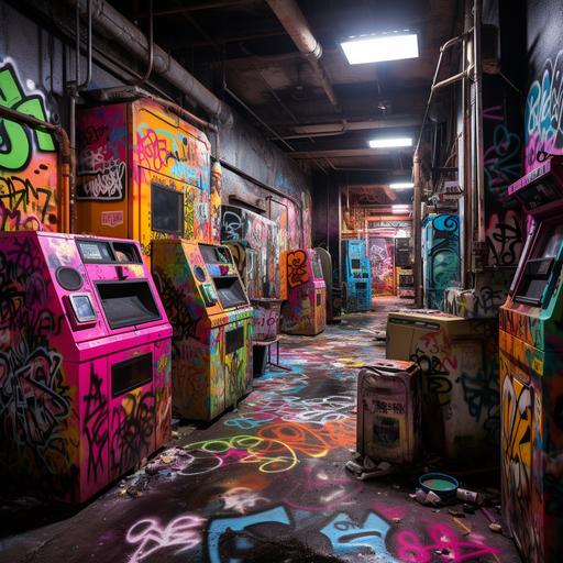 a colorful trash compactor room with bright graffiti, street art, garbage, but also industrial