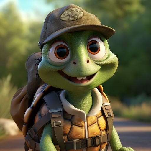 3d animation, 3d render, pixar, cute, turtle kid, unreal engine, portrait ,highly detailed, high resolution, park ranger, ranger hat, environmentalist