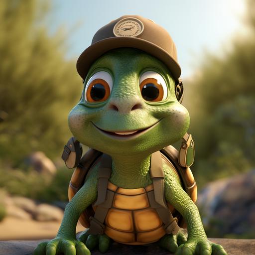 3d animation, 3d render, pixar, cute, turtle kid, unreal engine, portrait ,highly detailed, high resolution, park ranger, ranger hat, environmentalist