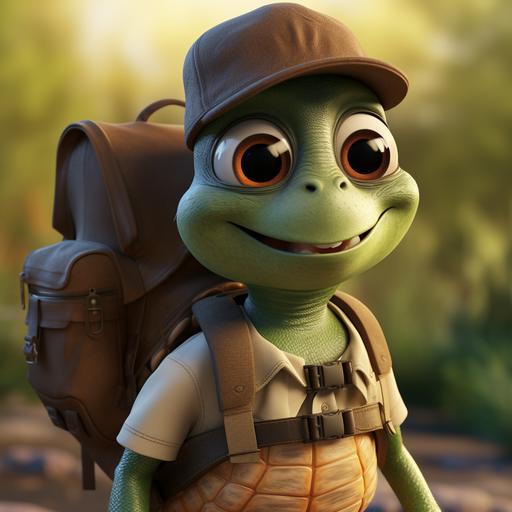 3d animation, 3d render, pixar, cute, turtle, unreal engine, portrait ,highly detailed, high resolution, park ranger, ranger hat, backpacking