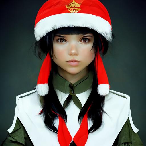 3d anime girl wearing a red military uniform, with long black hair. Christmas. Santa hat v 4