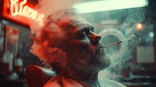cinematic vintage film raw, ultra realistic, The camera reveals the atmosphere of a barber shop from the 1970s. Neon light, barber lamp, vintage barber pole light, A middle-aged male barber sits with his head down and smoking a cigarette in a dark corner of a barber's hairdressing chair. The red and white hair salon's iconic rotating neon lights were swirling. dramatic atmospheric perspective, cinematic light, dark and gritty, mirrored, motive body language, Christopher doyle, --ar 16:9 --v 6.0 --s 250